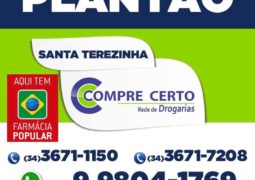 Farmácias de plantão em São Gotardo. Drogaria Santa Terezinha é uma delas!