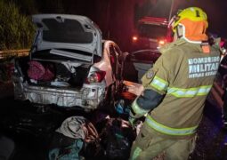 Pai morre em acidente entre carro e carreta; esposa, filha e bebê ficam gravemente feridos na BR-365